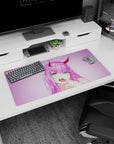 Modern 32x16 inches mouse pad featuring anime design, with a violet-pink glow and irresistible smirk for a striking and playful aesthetic.