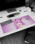 Artistic 36x16 inches mouse pad featuring anime design, with violet-pink glow and smirk for a captivating and striking look.