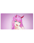Mouse pad featuring anime design, 32x16 inches, with a violet-pink glow and smirk for a playful and rebellious vibe.