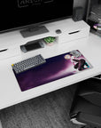 Playful blonde anime girl kneeling pose mouse pad 28x12 inches, white hoodie and teal heels on purple fog.