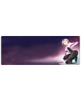 32x12 inches anime girl mouse pad with blonde kneeling girl, white hoodie, black bodysuit, teal heels.