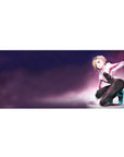 Anime girl desk pad 36x16 inches with blonde kneeling character, white hoodie, glossy bodysuit, teal heels.
