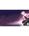 Anime girl desk pad 40x20 inches with blonde kneeling pose, white hoodie, glossy bodysuit, teal heels.