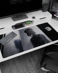 Dark 40x20 anime desk mat with a ghostly figure, monochrome tones, and an eerie red gaze, adding a touch of mystery and suspense to your desk