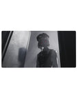 Ghostly figure 32x16 mouse pad featuring monochrome tones and an eerie red gaze, perfect for fans of unsettling and atmospheric anime designs