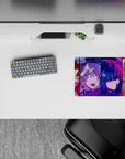 Arcade-glow anime girl mouse pad 14x10 inches in hot pink, electric blue, and sunshine gold.