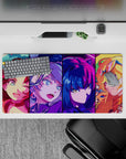 32x16 inches neon anime mouse pad in hot pink, electric blue, and gold, late-night arcade glow.