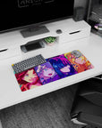 28x12 inches anime girl mouse pad showing a winking brunette and visor girl in a four-panel portrait set.