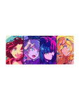 28x12 inches anime girl mouse pad with four bold portraits in crisp panel borders, arcade neon style.