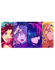 32x16 inches anime girl mouse pad with four bold portraits in clean panels, arcade-style desk mat.