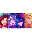 36x16 inches anime girl desk pad with four bold portraits in crisp panels, arcade-inspired style.