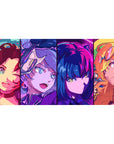 40x20 inches anime girl desk pad with four bold portraits in crisp panels, arcade neon style.