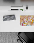 Sunshine-orange anime girl mouse pad 14x10 inches, bright cheerful vibe with warm browns and pastel tones.