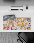 Sunshine-orange anime girl mouse pad 28x12 inches, warm and cheerful vibes with bubbly sketch accents.