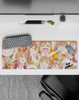 32x12 inches sunshine-orange kawaii desk mat, bright cheerful vibes with pastel top and doodles.
