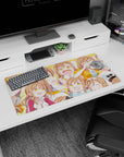 Brown-haired, golden-eyed anime girl mouse pad 32x16 inches, blushing and snacking in mood panels.