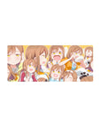 Anime girl mouse pad 28x12 inches with collage of cute expressions, sporty jacket, pastel top, doodles.
