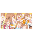 Anime girl mouse pad 32x16 inches with collage of cute expressions, sporty jacket, clean linework.
