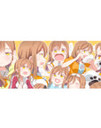 Anime girl desk pad 36x16 inches with collage of cute expressions, sporty jacket, doodle accents.