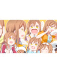 Anime girl desk pad 40x20 inches with collage of cute expressions, sporty jacket, clean linework.