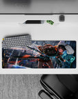 32x12 inches anime desk mat in teal neon and orange hoodie tones, cyberpunk rain glow and sleek reflections.