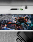 Cyberpunk anime desk pad 36x16 inches in teal and orange, rainy neon lights, fast futuristic vibes.