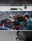 40x20 inches anime desk pad in neon rain glow, orange hoodie pops, teal blade, futuristic HUD vibes.