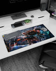 Determined anime runner with teal sci-fi sword and flickering HUD, anime girl mouse pad 32x16 inches.