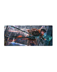 Anime girl mouse pad 28x12 inches with cyberpunk city lights, HUD panel, and sci-fi blade.