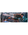 32x12 inches anime girl mouse pad with neon city rain, HUD panel, and giant sci-fi blade design.