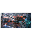Cyberpunk anime girl mouse pad 32x16 inches with beanie, orange hoodie, HUD panel, and sci-fi blade.