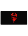 Anime mouse pad 32x16 inches featuring Uchiha clan crest from Naruto with red-on-black contrast, symbolizing mystery.