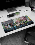 32x16 inches mouse pad with pink-haired horn-clip anime girl, masked rebel, and silver tech girl on a bench.