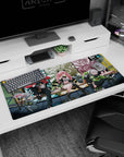 36x16 inches desk pad featuring pink-haired horn-clip anime girl with chunky boots beside masked rebel.