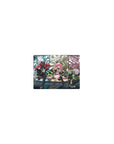 14x10 inches classic anime girl mouse pad with neon comic panels, trio on a bench, bunny bots, graffiti.