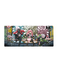 28x12 inches anime girl mouse pad with comic panels, bunny bots, and three edgy girls on a bench.