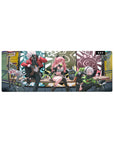 32x12 inches anime girl mouse pad with comic panels, bunny bots, graffiti, and trio bench scene.