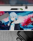 40x20 inches desk pad in dreamy pink sakura and icy blue tones, calm serene vibe for anime setups.