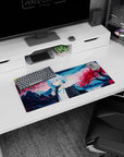 28x12 inches Rimuru Tempest mouse pad in black coat under falling sakura by icy lake.