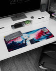 32x12 inches anime mouse pad featuring Rimuru Tempest in black coat by a lake under sakura.