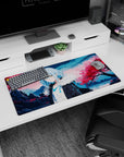 32x16 inches Rimuru Tempest anime mouse pad, blue hair in sakura petals, black coat with fur collar.