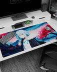40x20 inches anime desk pad featuring Rimuru Tempest in black coat by blossoms, mountains, and water.