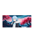 28x12 inches anime mouse pad with sakura storm, mountains, and glassy water backdrop.