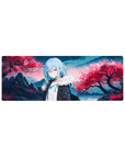 32x12 inches anime mouse pad with sakura storm, mountain ridges, and glassy lake backdrop.