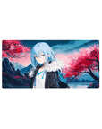 32x16 inches anime mouse pad with sakura storm, mountain ridges, glassy water, and crisp detail.