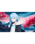 40x20 inches anime desk pad with sakura storm, mountain ridges, glassy water, and sleek coat figure.