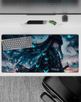 Anime mouse pad, 32x16 inches, featuring a mysterious character from Demon Slayer with teal and midnight hair, glowing butterflies.