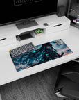 Anime mouse pad 28x12 inches featuring stormy skies, piercing eyes, and glowing butterflies, perfect for Demon Slayer fans.