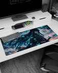 Anime desk pad featuring Demon Slayer character, 36x16 inches, with teal and midnight hues, glowing butterflies, and stormy skies.