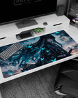 Anime desk pad featuring Demon Slayer character with teal and midnight hair, wind-blown butterflies, size 40x20 inches.